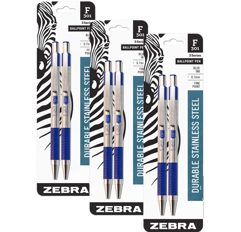 Zebra F-301 Ballpoint Stainless Steel Retractable Pen, Fine Point, 0.7mm, Blue Ink, 2-Count, Pack of 3 (6 pens total)